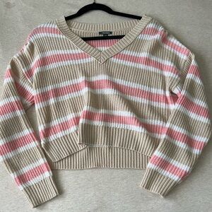 Striped V-Neck cropped knit Sweater - Pink, White, and Tan